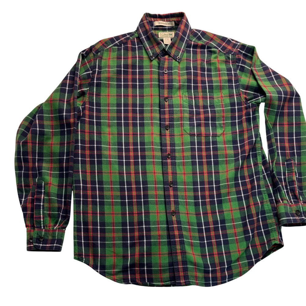 LL Bean Flannel Shirt Mens Medium Green Plaid Traditional Fit Cotton